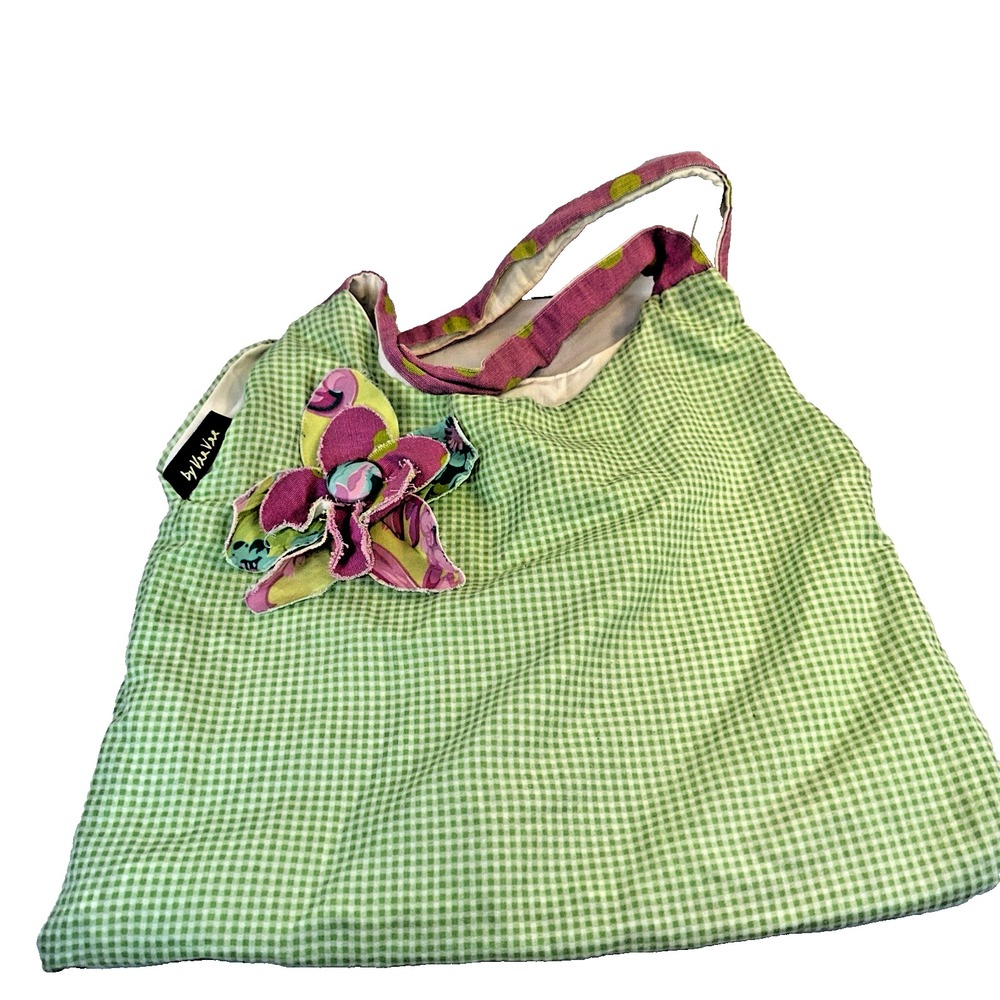 Vee Vee Boutique Gingham Fabric Tote Bag Raw Edge Flower Applique Cottagecore